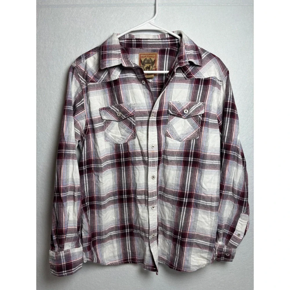 Red Camel Boys XL Flannel Button Down Shirt Plaid Burgundy White Blue L/S